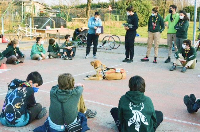 Un incontro di sensibilizzazione con un gruppo di giovani scout, seduti in cerchio attorno a un cane guida